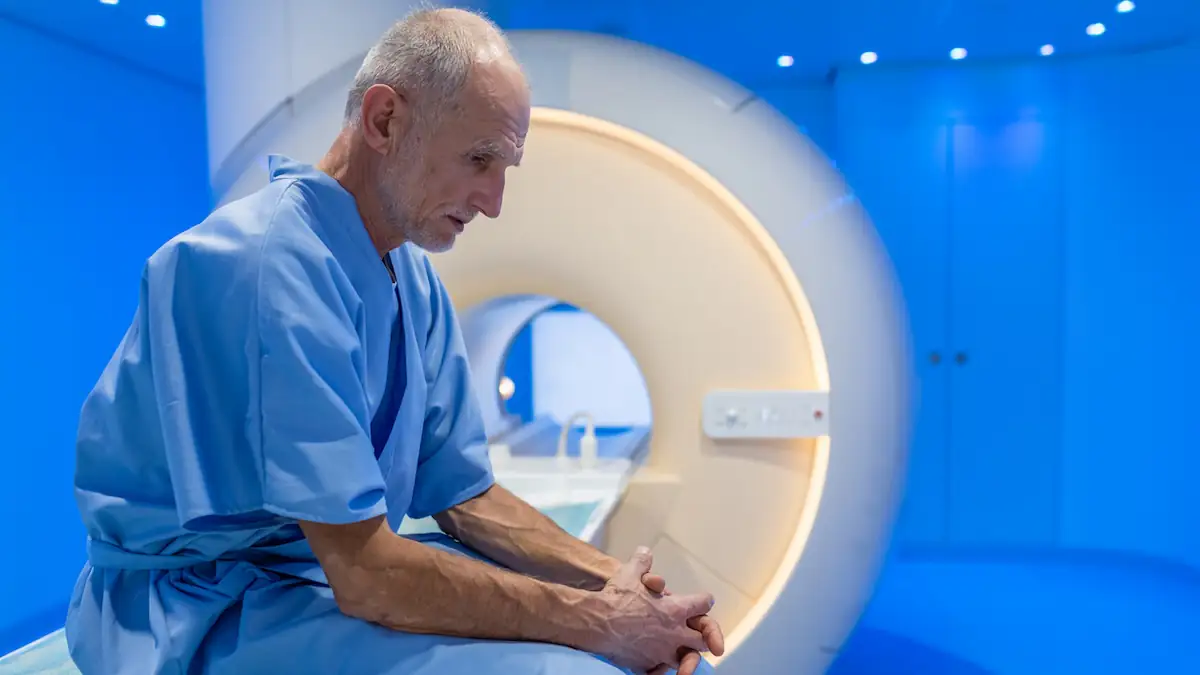 Prostatakrebs: älterer Patient sitzt vor MRT-Gerät