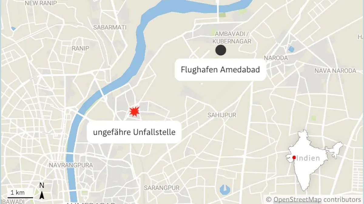 Flugzeug-Absturz: Karte zeigt ungefähre Unfallstelle bei Amedabad in Indien