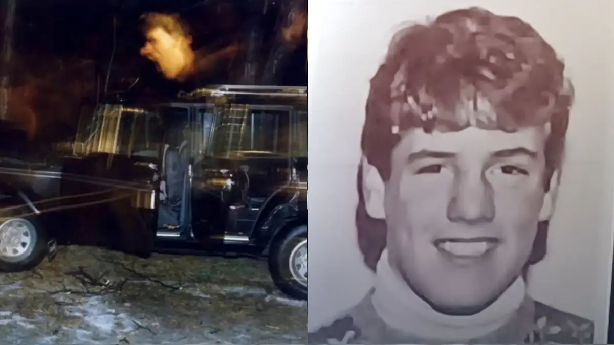 Foto mit „schreiendem Geist“: Altes Polizeifoto von Unfallstelle, daneben ein Foto von John Boulware