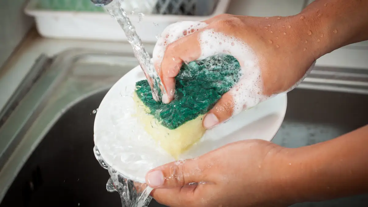 Keime auf Küchenschwamm: Frau spült Teller mit Schwamm ab