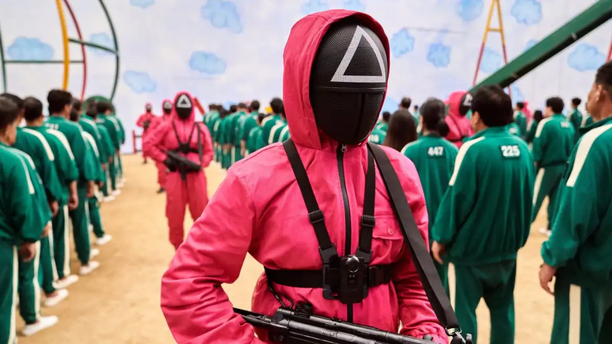 Squid Game Wächter in rosanen Overalls mit Masken und Teilnehmer in grünen Trainingsanzügen