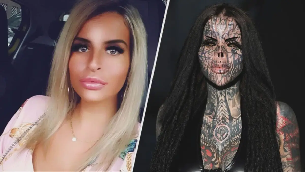 Toxii Daniëlle auf zwei Fotos, links vor und rechts nach ihrer Tattoo-Transformation