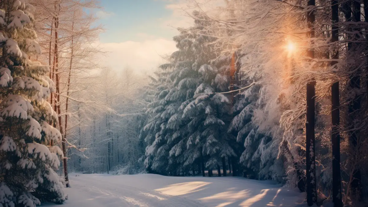 Weiße Weihnachten: Winterliche Landschaft voller Schnee, Sonne scheint durch die Bäume und man sieht Spuren im Schnee