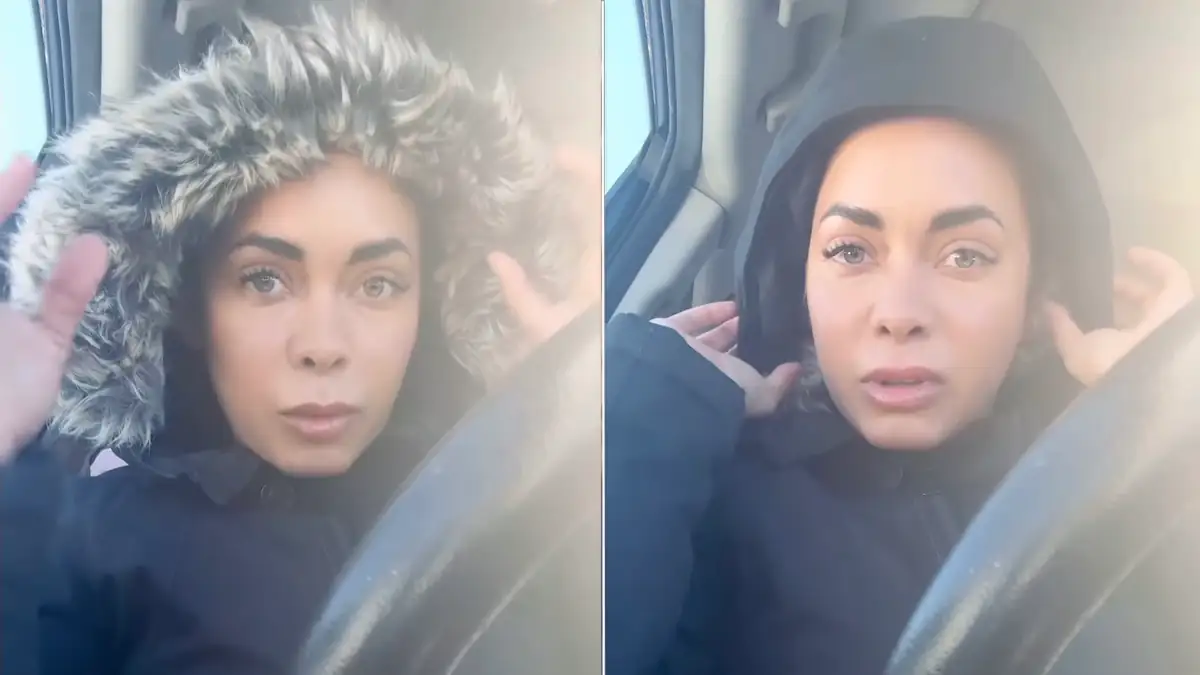 Zwei Screenshots eines Videos mit einer Frau in Winterjacke und Kapuze