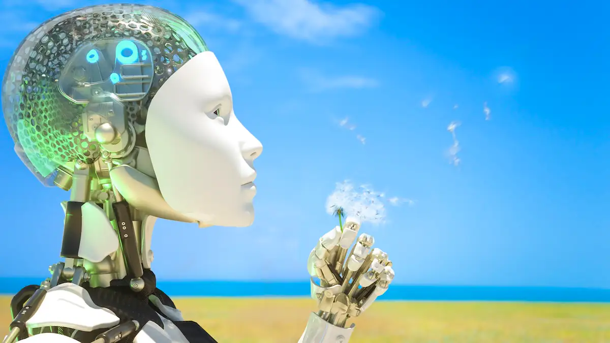 ChatGPT als humanoider Roboter mit Pusteblume