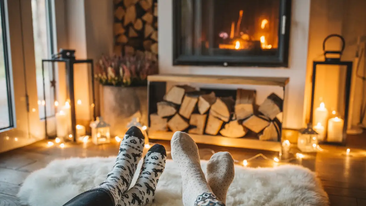 Rauch im Winter: Brennendes Kaminfeuer in einem gemütlichen Wohnzimmer
