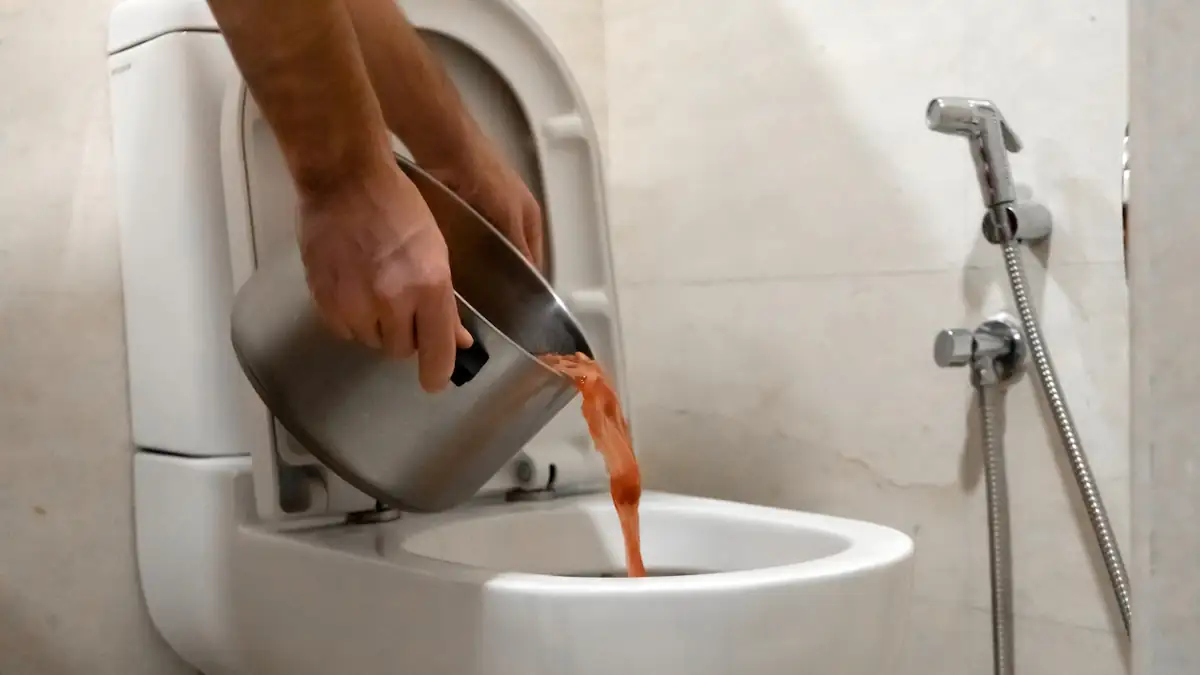 Jemand kippt Essensreste aus einem Topf in eine Toilette