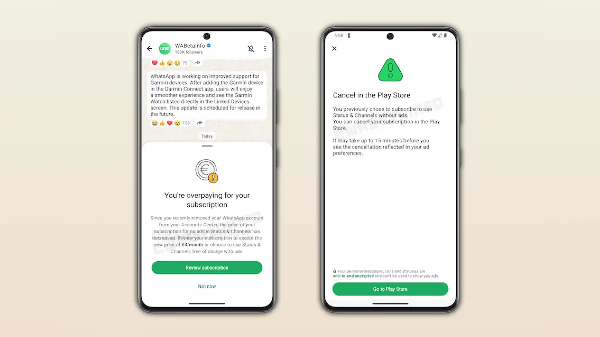 Screenshot eines Abo-Modells für WhatsApp in einer Beta-Version