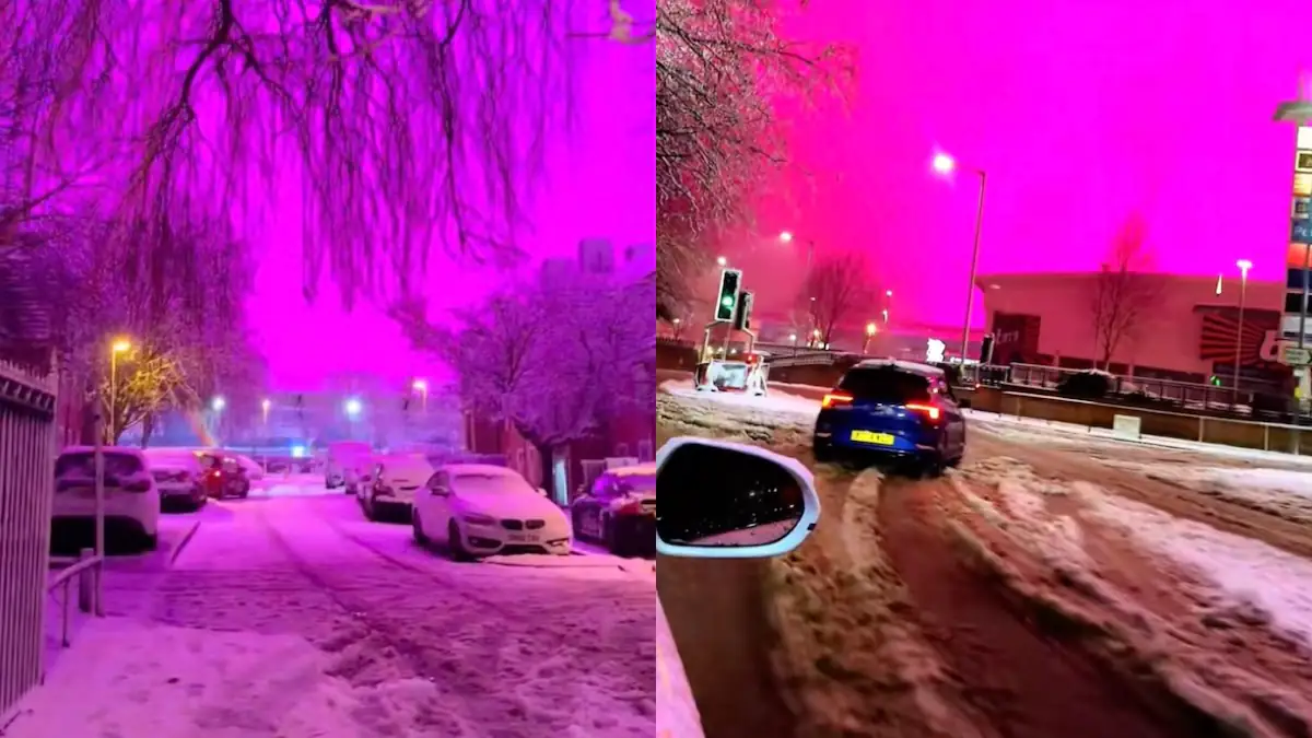 pinker Himmel über dem verschneiten Birmingham