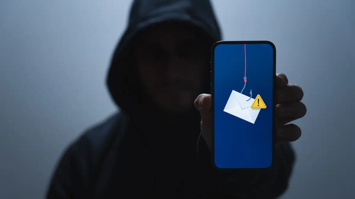 Phishing-Mail an Amazon-Kunden: Dunkle Kapuzengestalt hält Smartphone mit E-Mail-Symbol an einem Angelhaken nach vorne