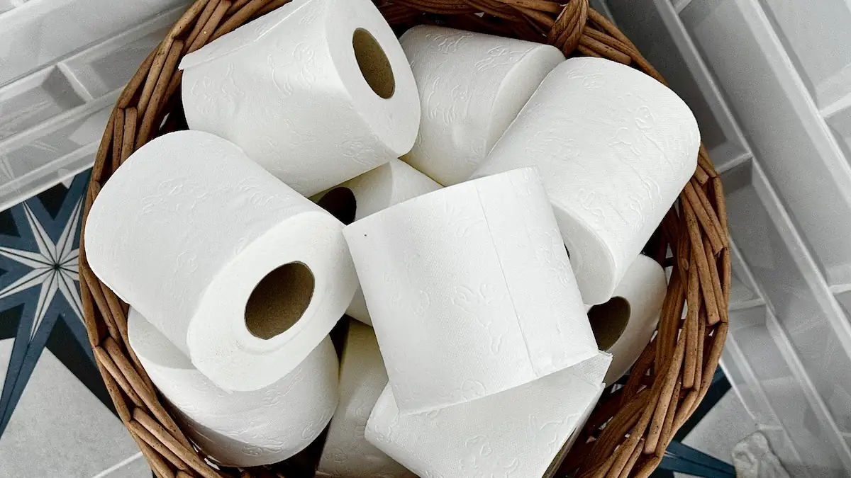 Mehrere Rollen Klopapier in einem Korb