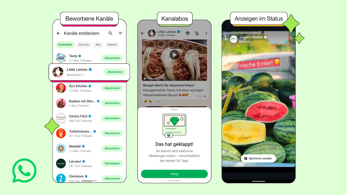 Infografik zu neuen WhatsApp-Funktionen mit Werbung: Beworbene Kanäle, Kanalabos, Anzeigen im Status