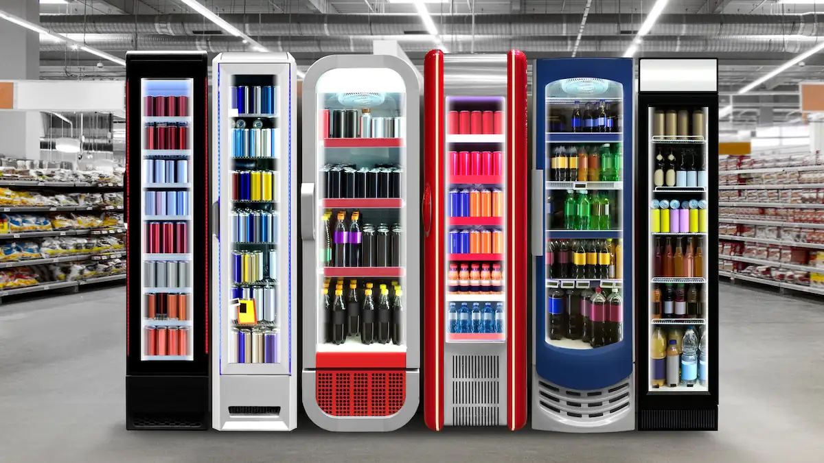 Energydrinks begünstigen Darmkrebs: Kühlschränke mit Energydrinks im Supermarkt