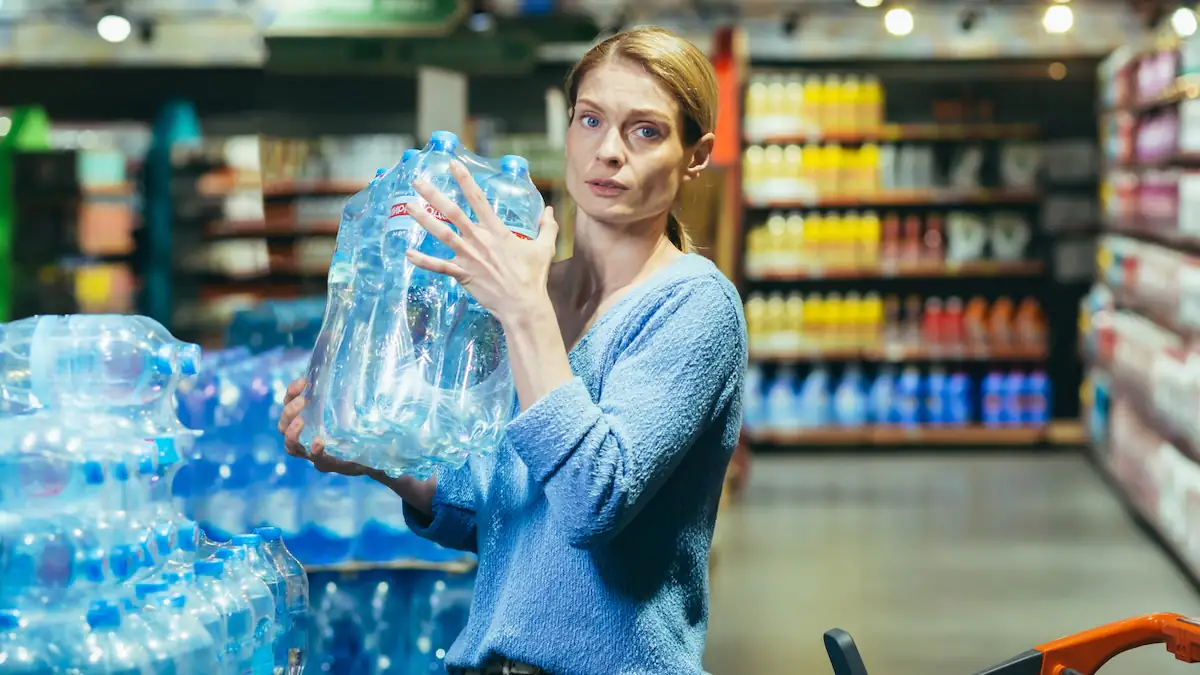 Frau nimmt eine Packung Mineralwasser im Supermarkt hoch