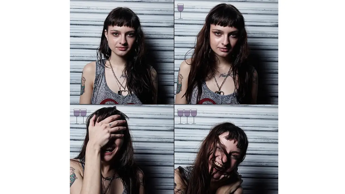 Auswirkungen von Alkohol: Vier Fotos derselben Person, die zunehmend mehr lächelt