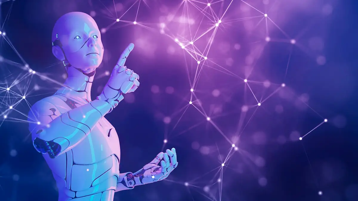 Künstliche Intelligenz (KI) 3D-Roboterhandfinger zeigt im futuristischen Cyberspace-Metaverse-Hintergrund, digitale Welttechnologie