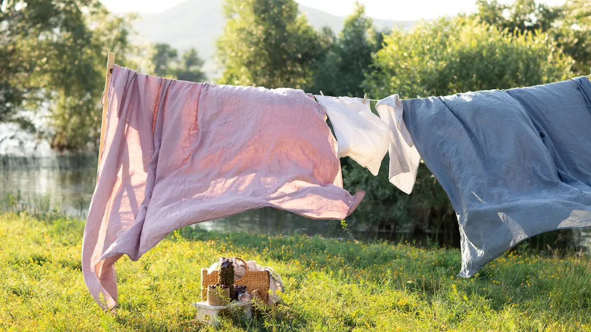 Bettwäsche trocknet auf der Wäscheleine