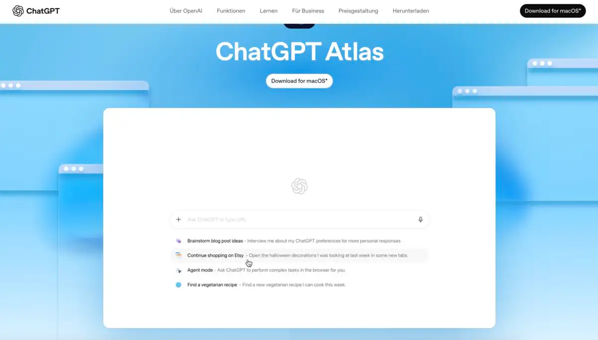 Screenshot der Übersichtsseite von ChatGPT Atlas