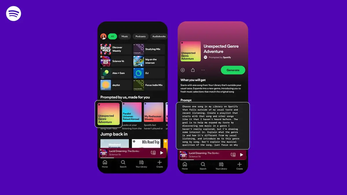 Spotify-Grafik zu Prompted Playlists zeigt zwei Screenshots der App