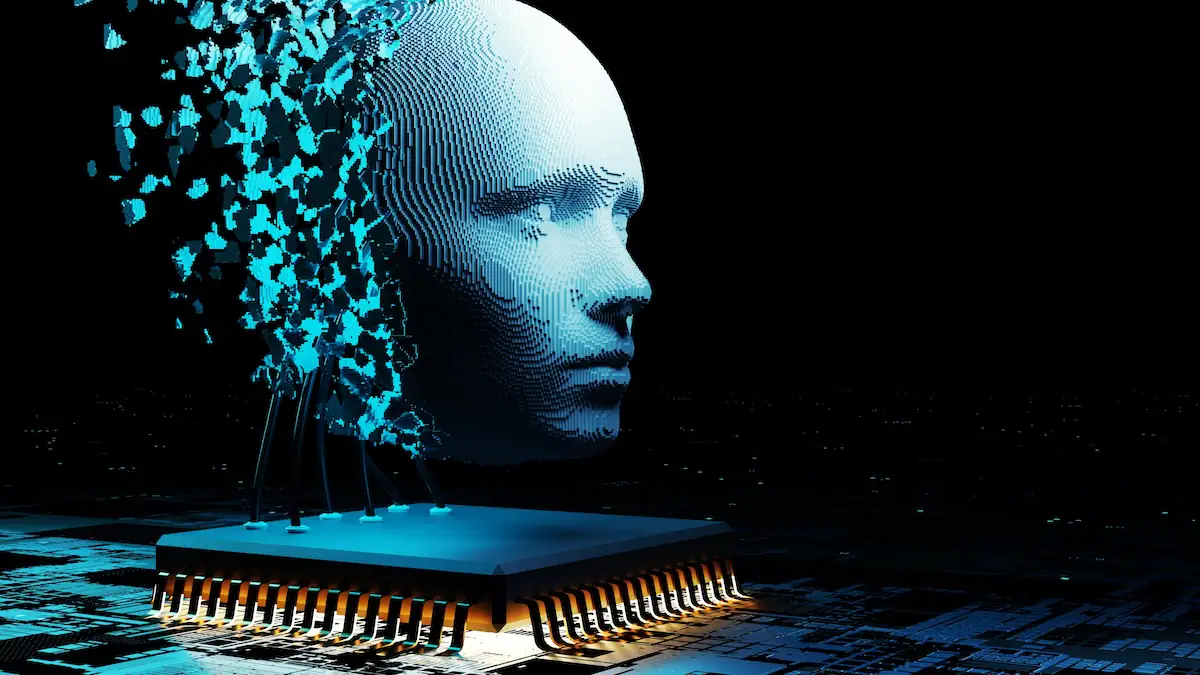 KI-sichere Jobs Symbolbild: Verpixeltes Robotergesicht schwebt über einer Grafikkarte