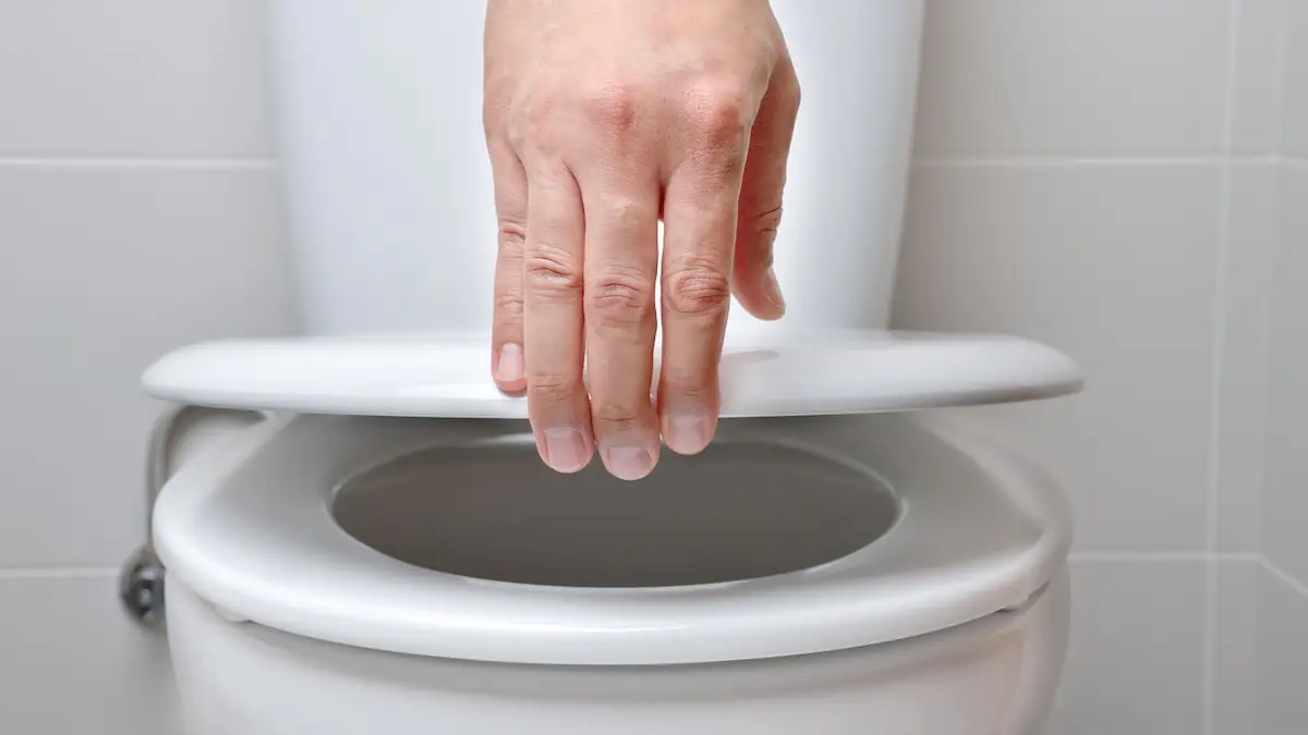 Hand schließt den Deckel einer Toilette